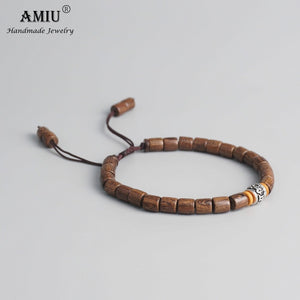 AMIU Handmade Tibetan Prayer Wheel Bead Olive Nut Bracelet Tibetan Buddhist Mantra Sign Charm Natural Wood Beads Bracelet