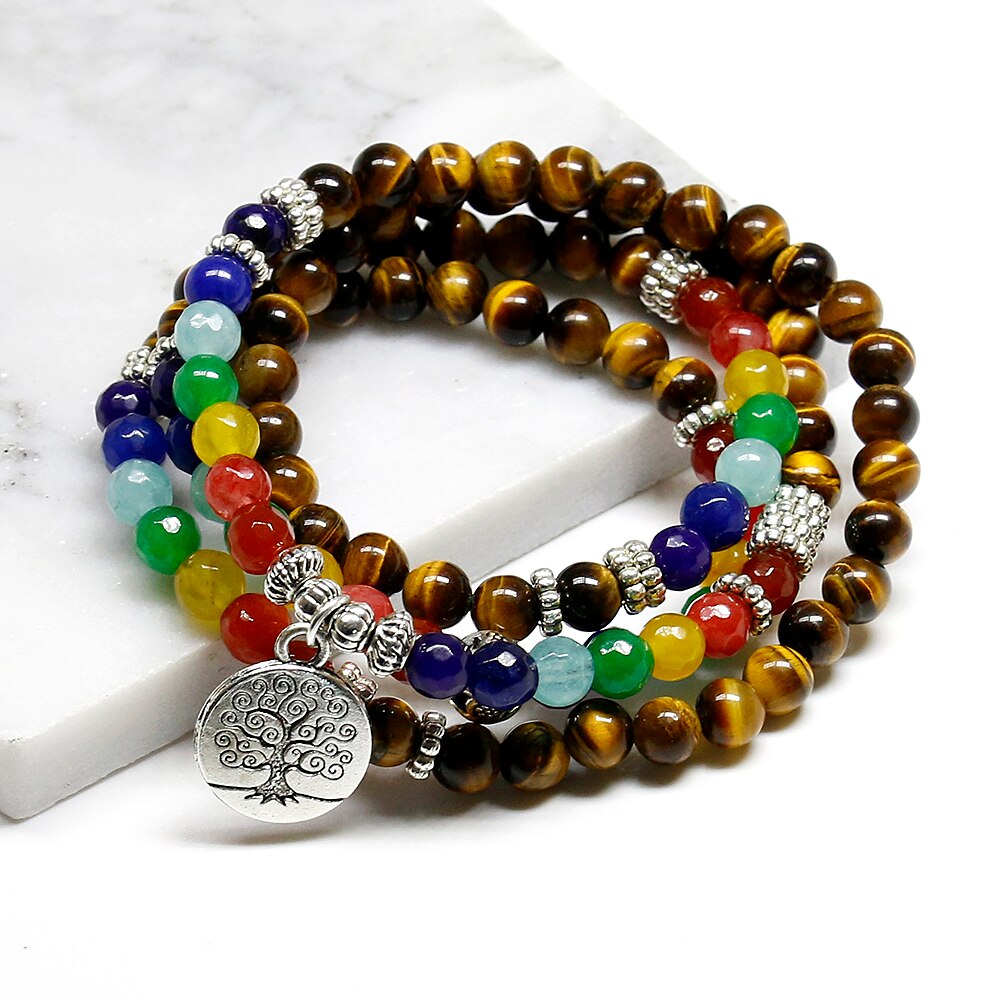 Tree Life 7 Chakra A Tiger Eye Beaded Bracelet Unisex Christmas New Year Gift Mala 108 Buddha Healing Man Stone Beaded Bracelet