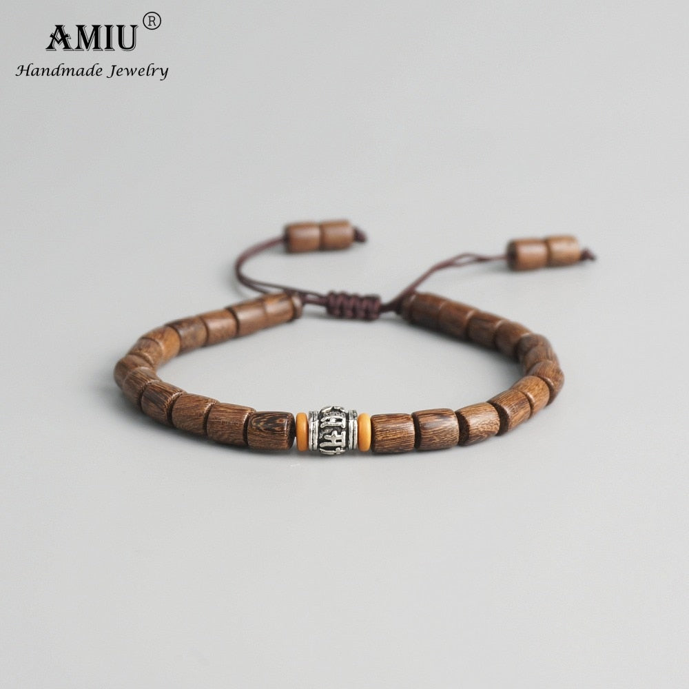 AMIU Handmade Tibetan Prayer Wheel Bead Olive Nut Bracelet Tibetan Buddhist Mantra Sign Charm Natural Wood Beads Bracelet