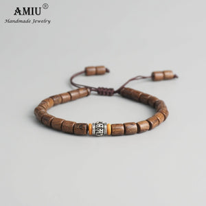 AMIU Handmade Tibetan Prayer Wheel Bead Olive Nut Bracelet Tibetan Buddhist Mantra Sign Charm Natural Wood Beads Bracelet