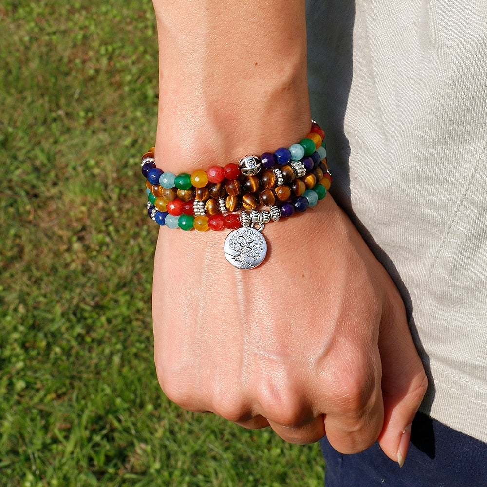 Tree Life 7 Chakra A Tiger Eye Beaded Bracelet Unisex Christmas New Year Gift Mala 108 Buddha Healing Man Stone Beaded Bracelet