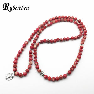Ruberthen Fashion Yoga Ohm Bracelet New Design Women`s Healing Spiritual Jewelry Trendy Natural Red Regalite 108 Mala Bracelet