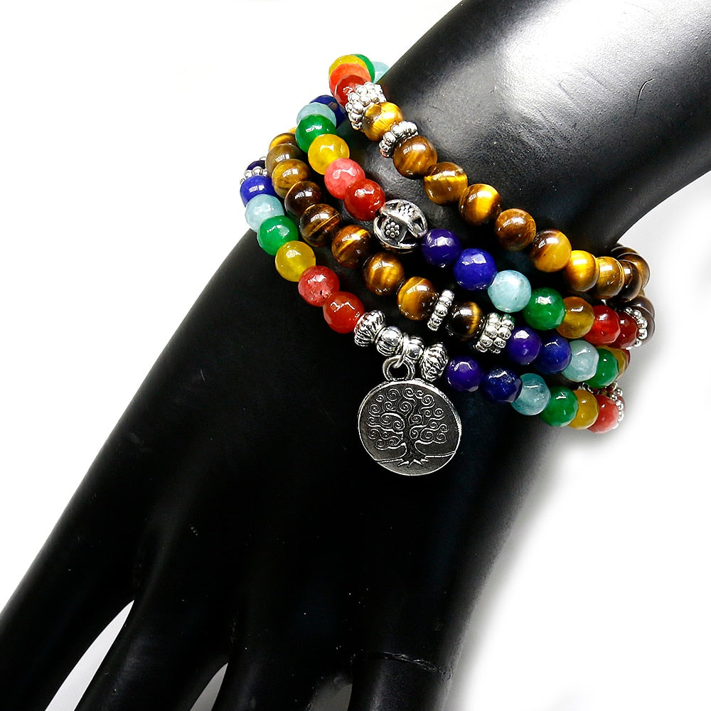 Tree Life 7 Chakra A Tiger Eye Beaded Bracelet Unisex Christmas New Year Gift Mala 108 Buddha Healing Man Stone Beaded Bracelet