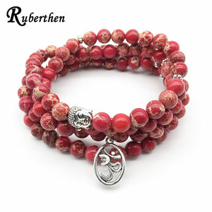 Ruberthen Fashion Yoga Ohm Bracelet New Design Women`s Healing Spiritual Jewelry Trendy Natural Red Regalite 108 Mala Bracelet
