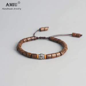 AMIU Handmade Tibetan Prayer Wheel Bead Olive Nut Bracelet Tibetan Buddhist Mantra Sign Charm Natural Wood Beads Bracelet