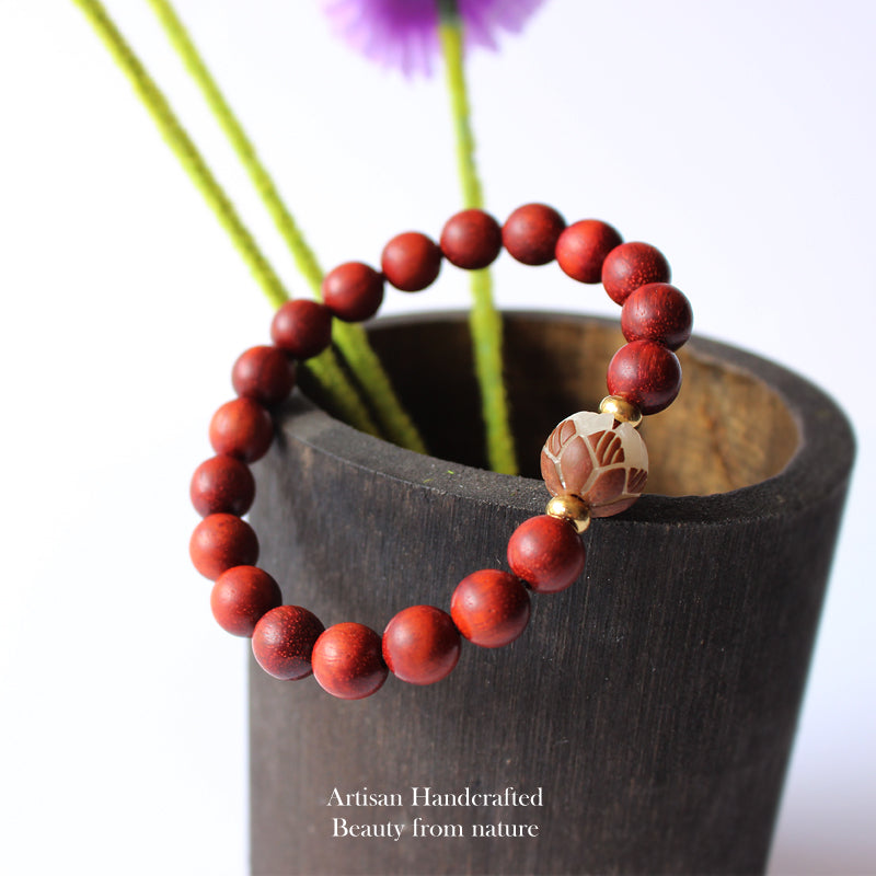 Handmade Red Sanders & White Bodhi Carved Lotus Bracelet For