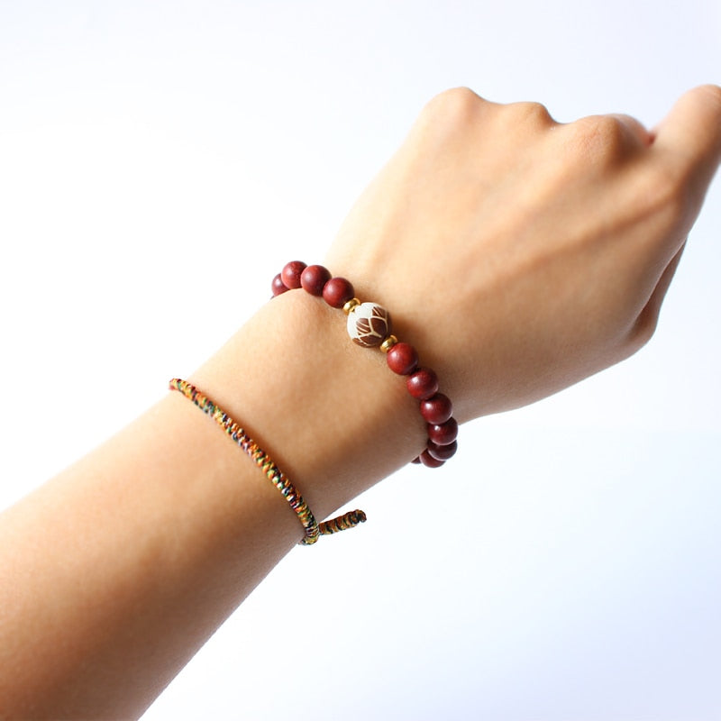 Handmade Red Sanders & White Bodhi Carved Lotus Bracelet For