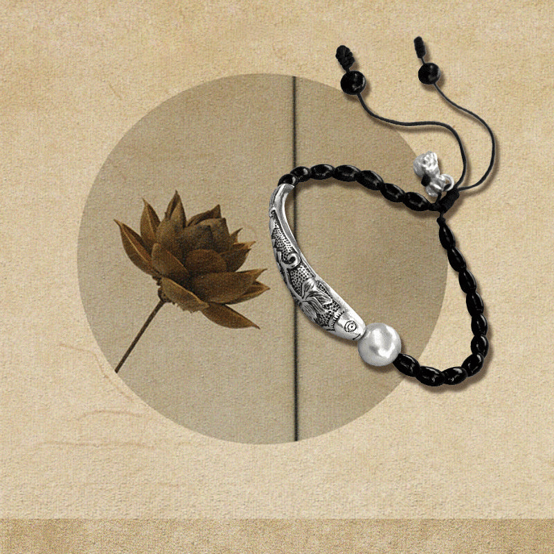 "Fish Under The Moon" - Black Pearl & Silver Lucky Bracelet