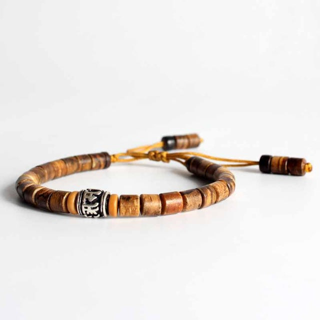 Handmade Natural Wood & White Copper Mantra Sign Bracelet