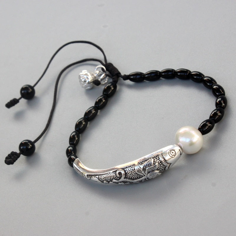 "Fish Under The Moon" - Black Pearl & Silver Lucky Bracelet