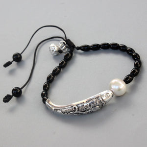 "Fish Under The Moon" - Black Pearl & Silver Lucky Bracelet