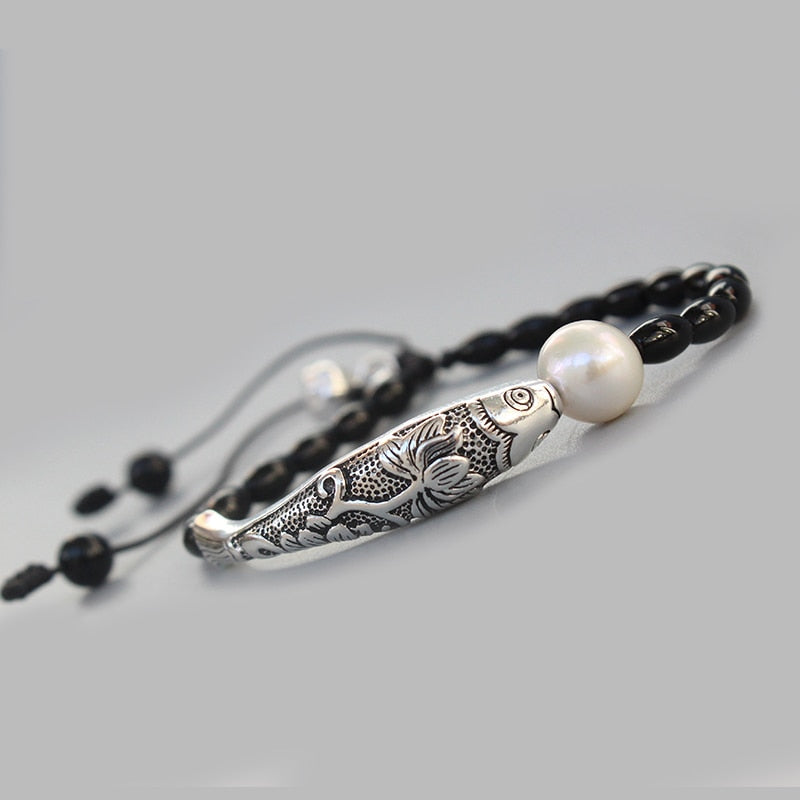 "Fish Under The Moon" - Black Pearl & Silver Lucky Bracelet