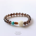 Smoky Crystal, Amazon Stone & Hand-carved Wood Flower Bracelet