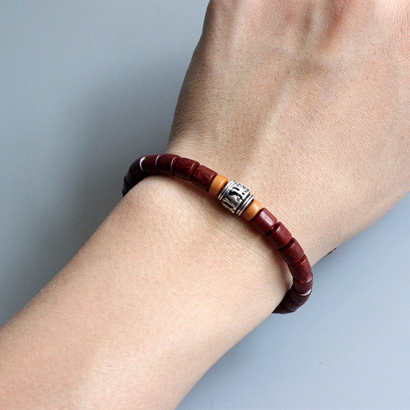 Handmade Natural Wood & White Copper Mantra Sign Bracelet