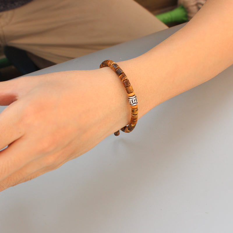 Handmade Natural Wood & White Copper Mantra Sign Bracelet