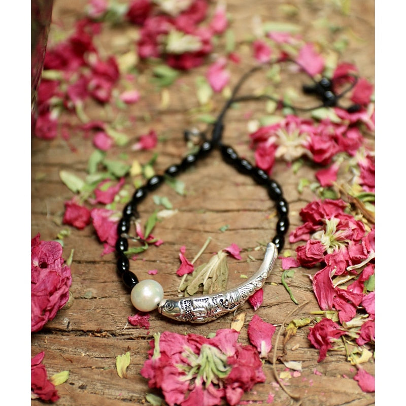 "Fish Under The Moon" - Black Pearl & Silver Lucky Bracelet