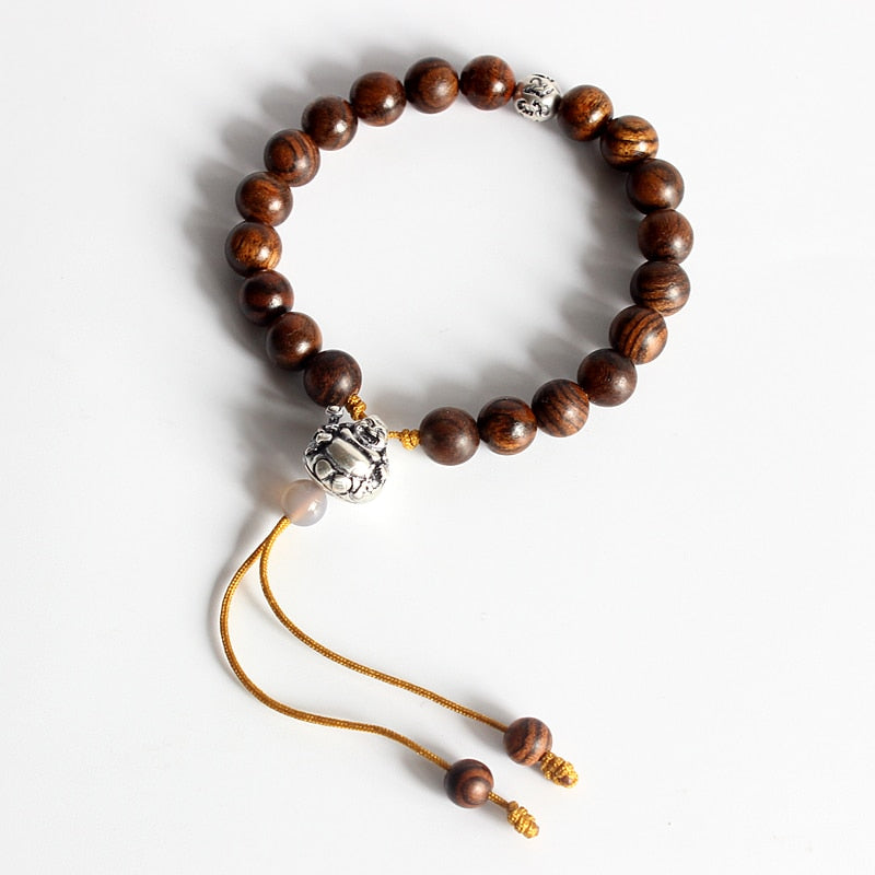 "Laughing Buddha" - Natural Wood & White Copper Charm Bracelet