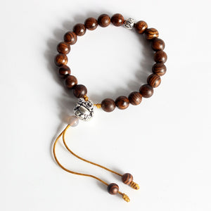 "Laughing Buddha" - Natural Wood & White Copper Charm Bracelet