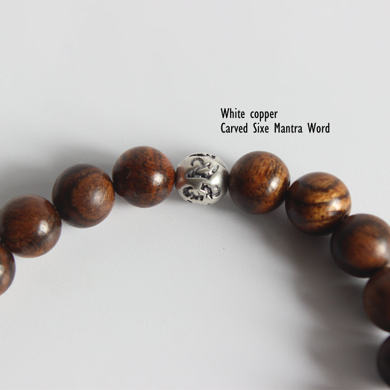"Laughing Buddha" - Natural Wood & White Copper Charm Bracelet