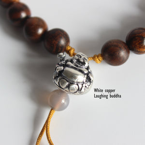 "Laughing Buddha" - Natural Wood & White Copper Charm Bracelet