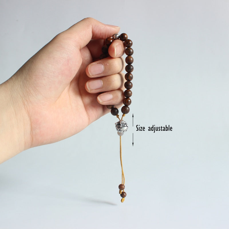 "Laughing Buddha" - Natural Wood & White Copper Charm Bracelet