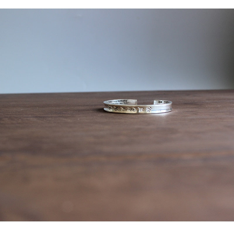 "The Heart of Sutra" - Hand-carved White Copper Bracelet