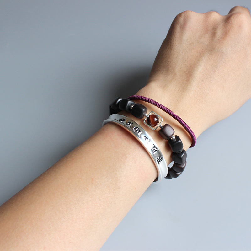 "The Heart of Sutra" - Hand-carved White Copper Bracelet