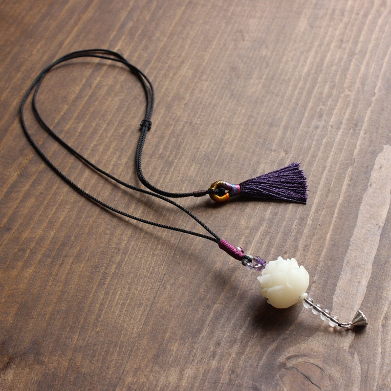 Elegant Handcrafted White Bodhi Seed Flower Pendant Necklace - Handmade Tassel