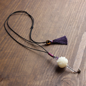 Elegant Handcrafted White Bodhi Seed Flower Pendant Necklace - Handmade Tassel