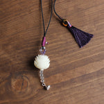 Elegant Handcrafted White Bodhi Seed Flower Pendant Necklace - Handmade Tassel