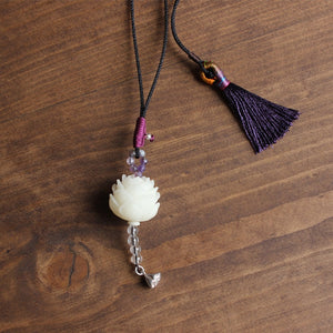 Elegant Handcrafted White Bodhi Seed Flower Pendant Necklace - Handmade Tassel