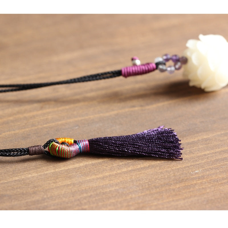 Elegant Handcrafted White Bodhi Seed Flower Pendant Necklace - Handmade Tassel