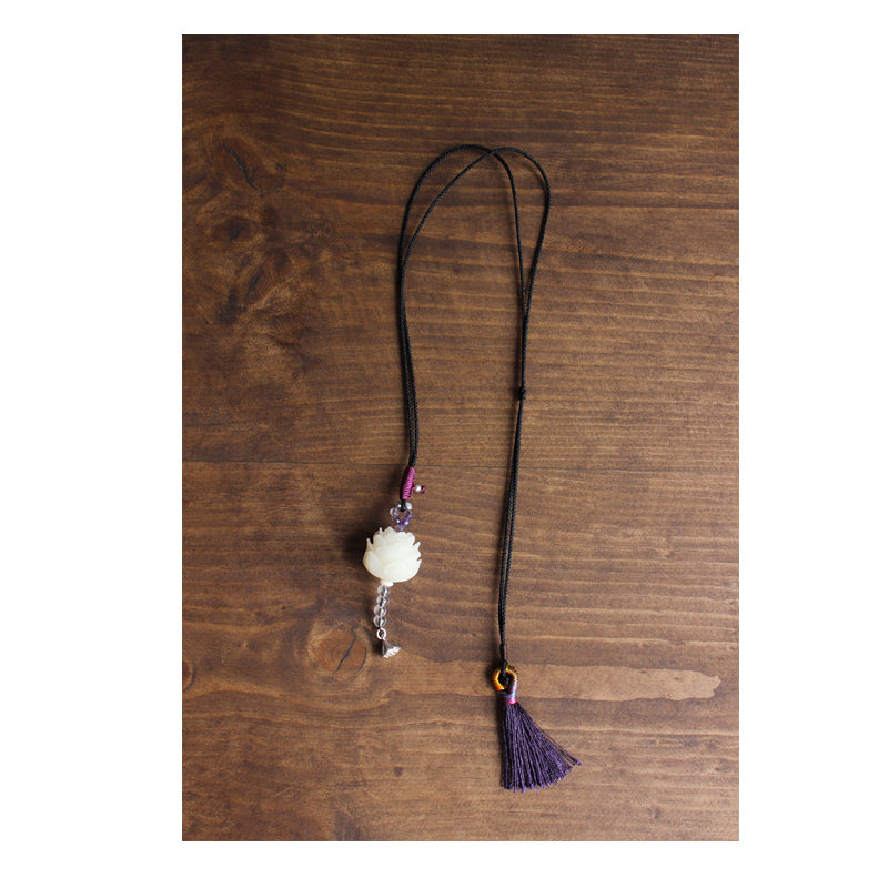Elegant Handcrafted White Bodhi Seed Flower Pendant Necklace - Handmade Tassel