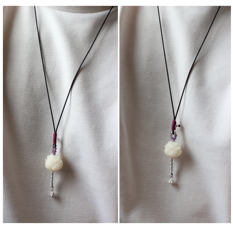 Elegant Handcrafted White Bodhi Seed Flower Pendant Necklace - Handmade Tassel