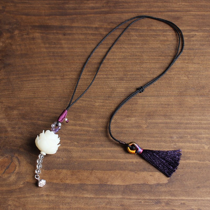Elegant Handcrafted White Bodhi Seed Flower Pendant Necklace - Handmade Tassel