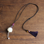 Elegant Handcrafted White Bodhi Seed Flower Pendant Necklace - Handmade Tassel