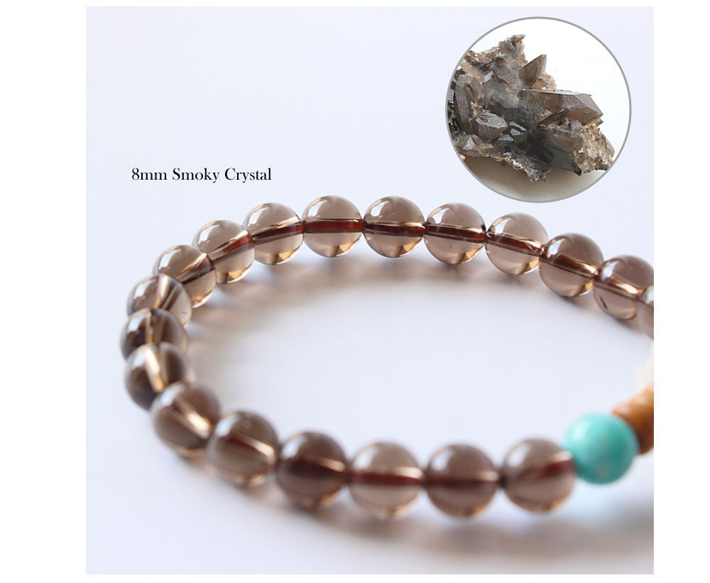 Smoky Crystal, Amazon Stone & Hand-carved Wood Flower Bracelet