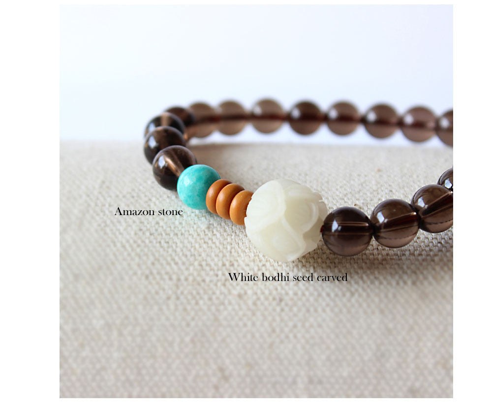 Smoky Crystal, Amazon Stone & Hand-carved Wood Flower Bracelet