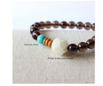 Smoky Crystal, Amazon Stone & Hand-carved Wood Flower Bracelet