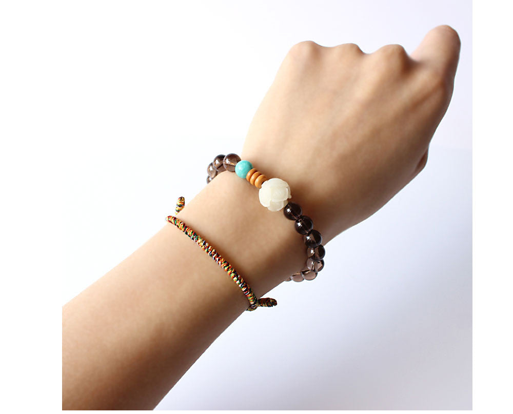 Smoky Crystal, Amazon Stone & Hand-carved Wood Flower Bracelet