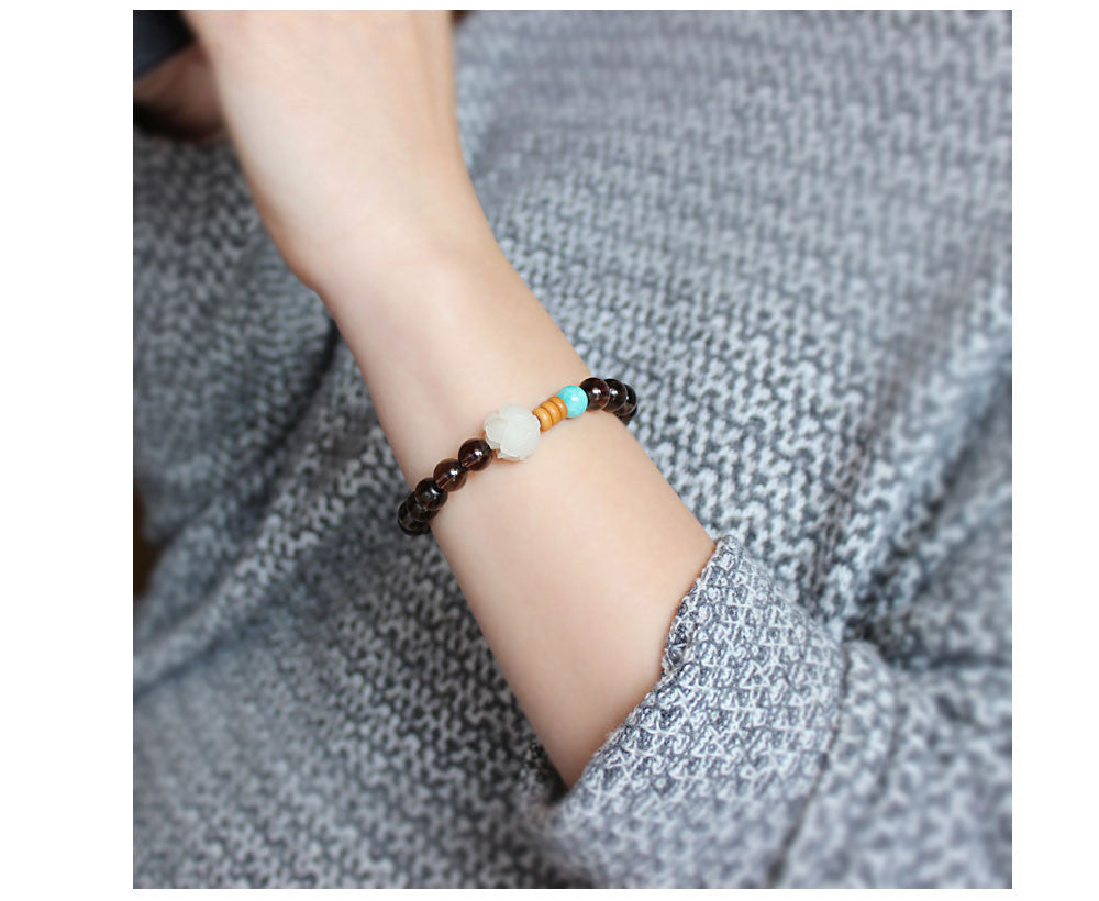 Smoky Crystal, Amazon Stone & Hand-carved Wood Flower Bracelet