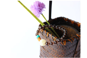 Smoky Crystal, Amazon Stone & Hand-carved Wood Flower Bracelet