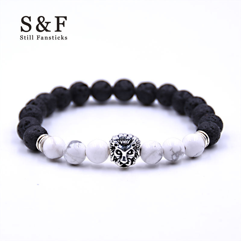 Silver Zinc Lion - Natural Lava & Turquoise Stone Bracelet