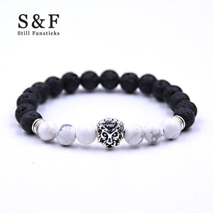 Silver Zinc Lion - Natural Lava & Turquoise Stone Bracelet