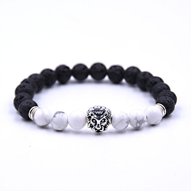 Silver Zinc Lion - Natural Lava & Turquoise Stone Bracelet