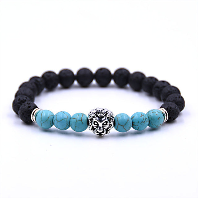 Silver Zinc Lion - Natural Lava & Turquoise Stone Bracelet