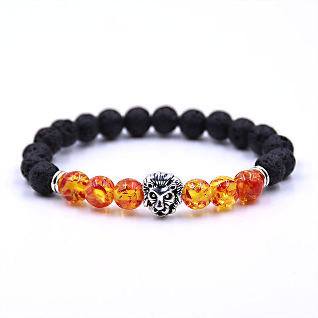 Silver Zinc Lion - Natural Lava & Turquoise Stone Bracelet