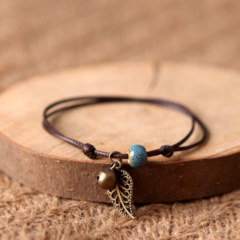 Ceramic Leaf Beaded Bracelet - Unisex Pendant Rope