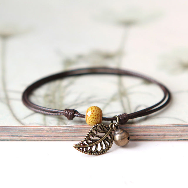 Ceramic Leaf Beaded Bracelet - Unisex Pendant Rope