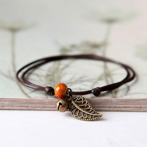 Ceramic Leaf Beaded Bracelet - Unisex Pendant Rope